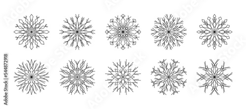 Set outline snowflakes for winter design. Collection line art snowflakes isolated on white background. Snow flake line icons winter vector illustration. Design element for new year, christmas cards.