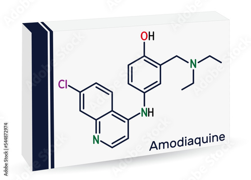 Amodiaquine, ADQ molecule. It is aminoquinoline, used for the therapy of malaria. Skeletal chemical formula. Paper packaging for drugs.
