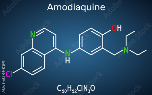 Amodiaquine, ADQ molecule. It is aminoquinoline, used for the therapy of malaria. Structural chemical formula on the dark blue background.