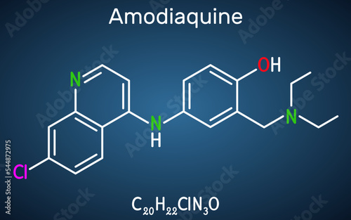 Amodiaquine, ADQ molecule. It is aminoquinoline, used for the therapy of malaria. Structural chemical formula on the dark blue background.