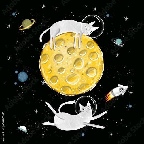 Cats in space. Cute typographi print with cat astronaut. for kids graphic tees, prints, card photo