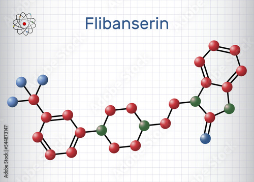 Flibanserin molecule. It is serotonergic antidepressant used to treat hypoactive sexual desire disorder. Molecule model. Sheet of paper in a cage