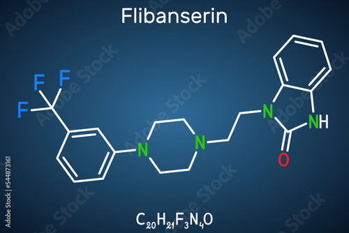Flibanserin molecule. It is serotonergic antidepressant used to treat hypoactive sexual desire disorder. Structural chemical formula on the dark blue background