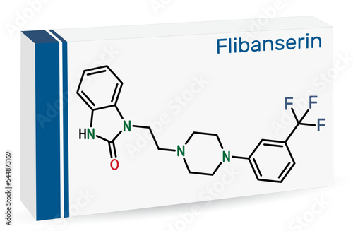 Flibanserin molecule. It is serotonergic antidepressant used to treat hypoactive sexual desire disorder. Skeletal chemical formula. Paper packaging for drugs photo