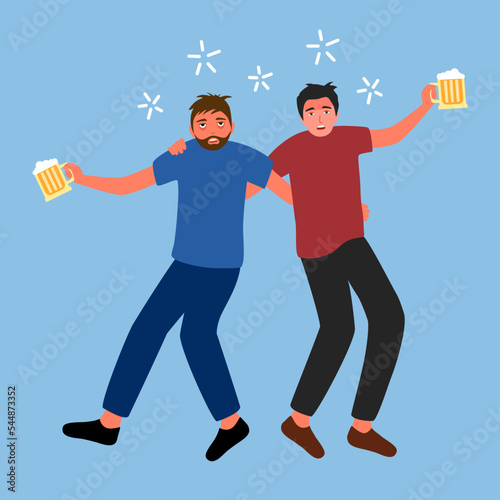 Two drunk man enjoy drinking beer in flat design. Alcohol addiction. Alcoholism.