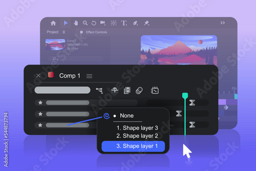 New dropdown menu in motion design software. New features. Transparency setting track matte. Vector illustration. photo