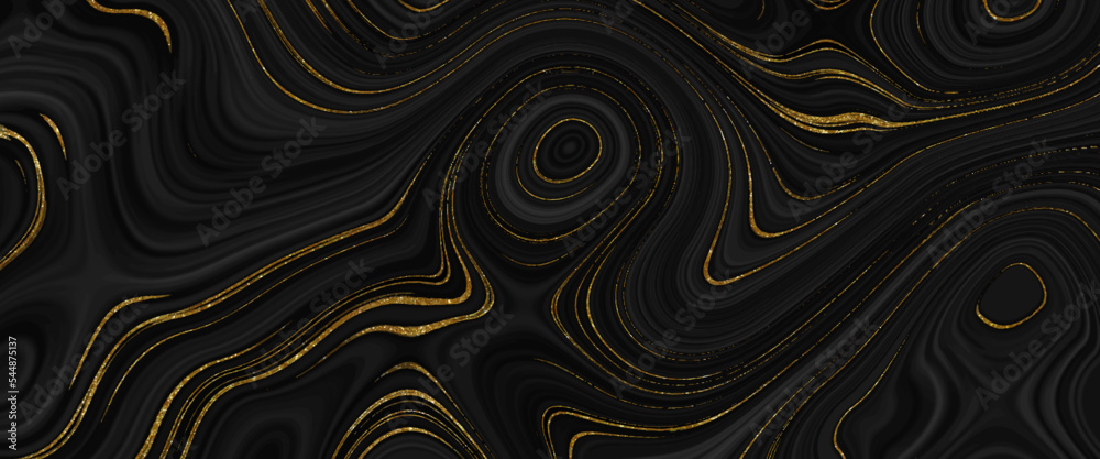 Golden luxury liquify background. Colorful liquid texture with gold and black glitter. Marble texture. Beautiful drawing with the divorces and wavy lines in gray tones. gold metallic surface.