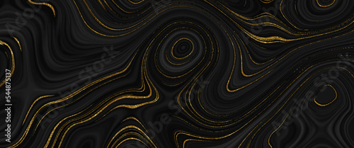 Golden luxury liquify background. Colorful liquid texture with gold and black glitter. Marble texture. Beautiful drawing with the divorces and wavy lines in gray tones. gold metallic surface.
