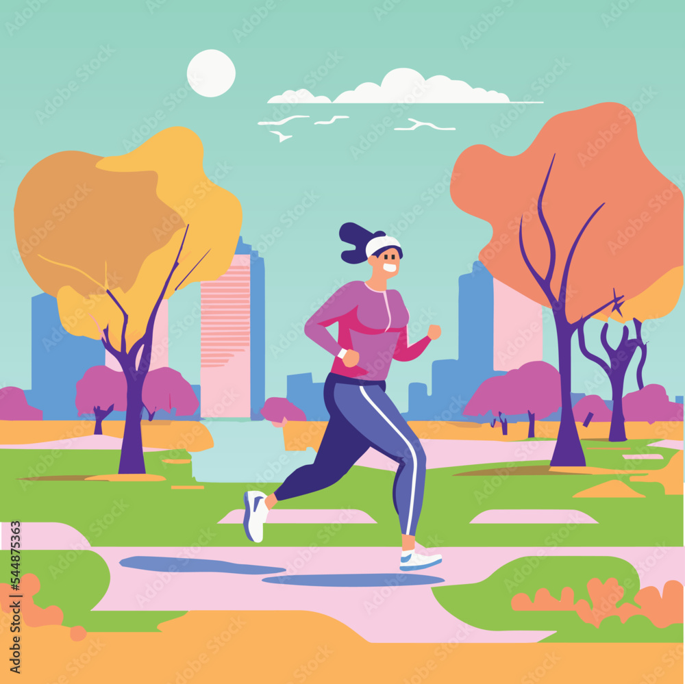Woman running in the park. Flat vector illustration of a lady exercising in outside. Athlete happy healthy lifestyle. Girl doing a jogging. Morning workout. Flat character. Vector art. Sport race.