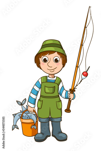 Happy fisherman with rod, backet and fishes. Cartoon vector illustration isolated on white.