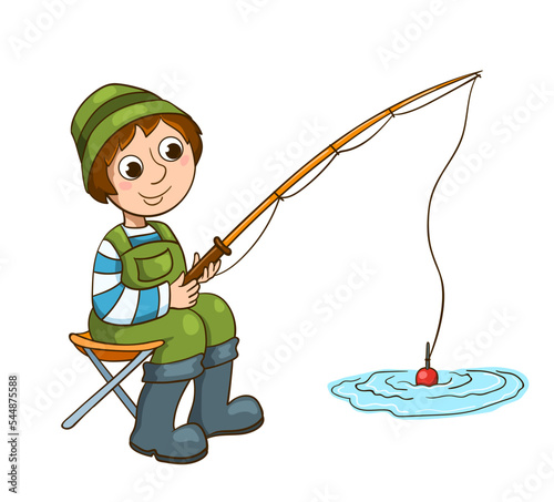 Happy fisherman sitting with rod. Cartoon vector illustration isolated on white.