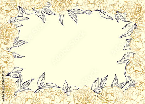 Postcard, diploma or certificate template with golden peonies. Frame with place for text with floral pattern. Elegant decorative design. Vector design template. Flowers background.