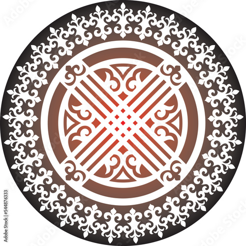 Vector red round kazakh ornament shanyrak. circle on the roof of the yurt. Patterns of the peoples of the great steppe. Asian border in a circle. Mongolia, Kalmykia, Bashkiria, Buryatia, Kyrgyzstan.