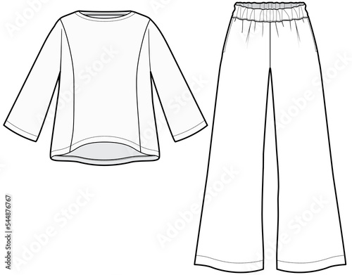 womens pajama set flat technical cad drawing template