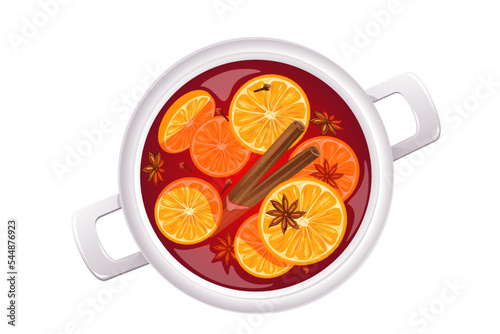 Classic mulled wine in a saucepan, top view.Christmas cocktail.Winter, hot drink with orange, cinnamon, cloves.Vector illustration.