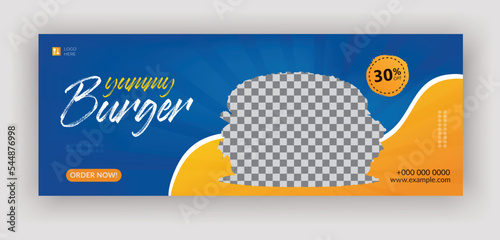 Restaurant promotional timeline cover, special delicious burger discount offer ad, or web banner design template	