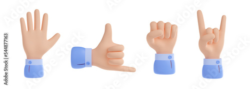 3d render hand gestures open greeting palm, hang or call on mobile phone, fist and rock. Male business character body language gesticulation elements Rendering illustration in cartoon plastic style