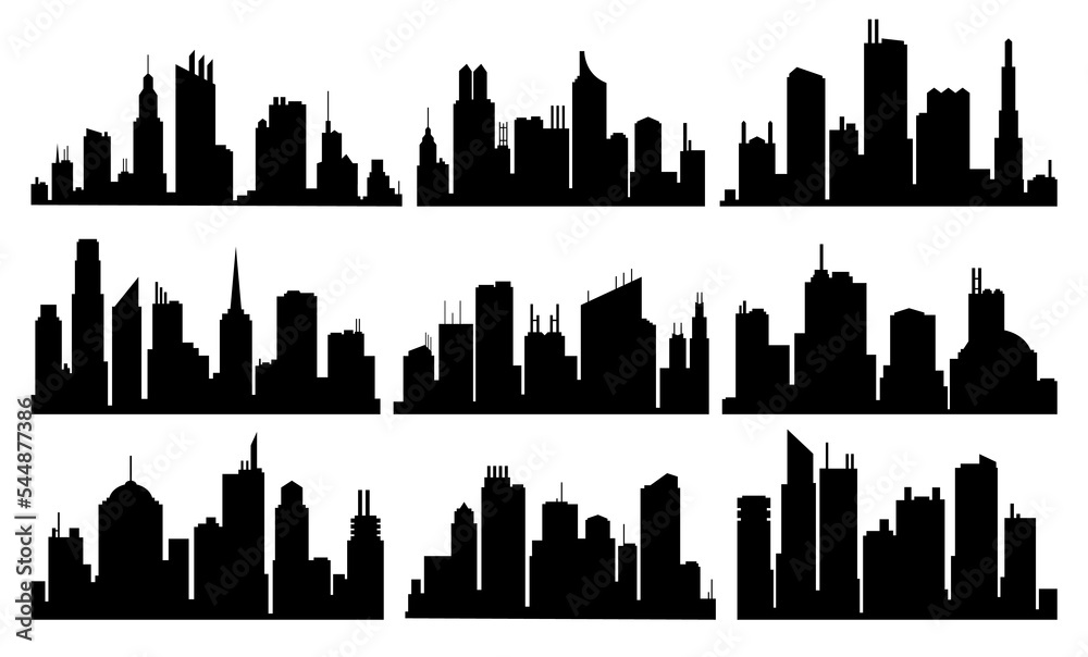  city silhouette collection. Modern urban landscapes. High buildings with windows. Illustration on white background