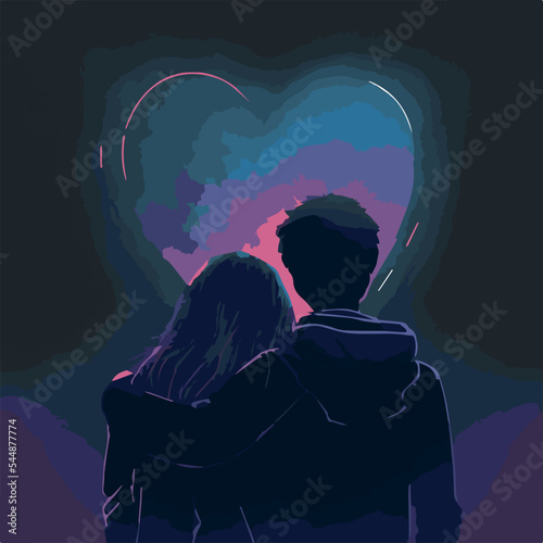 Young couple love vector art. Illustration of romance. Cute cartoon romantic realtionship. Card for dating. Heart symbol. Isolated young love. Silhouette, of new love Kissing in a romantic setting art