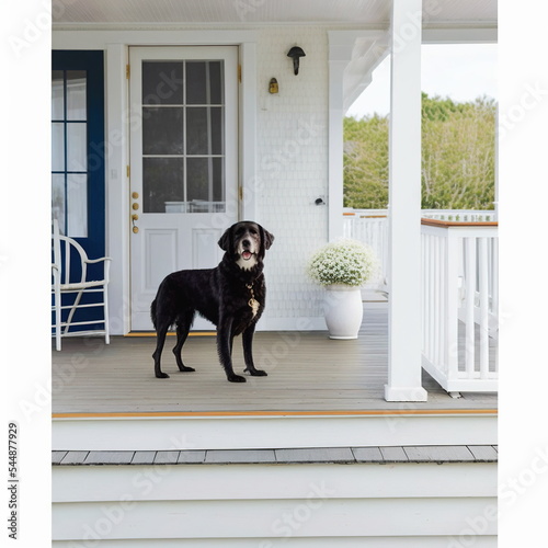 Canvas Print Dog on a wooden porch in front of the door, glass windows, white balance digital