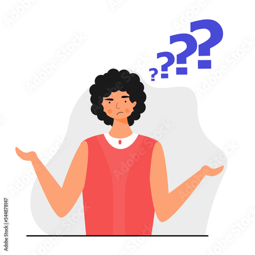 Flat ilustration character of women confused to solve a problem. Confusion expression to decide solution of flat design character.