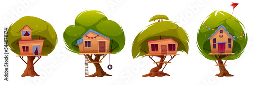 Tree houses or huts isolated set on white background. Wooden constructions with ladder and tyre swing for kids summer time recreation, games and activities, forest camp. Cartoon vector illustration