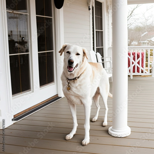 Dog on a wooden porch in front of the door, glass windows, white balance digitally altered