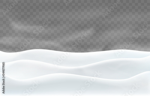 Snowdrifts and blizzard isolated on png background. Snow landscape decoration, heavy blizzard over hills. Christmas vector illustration. Transparent background.
