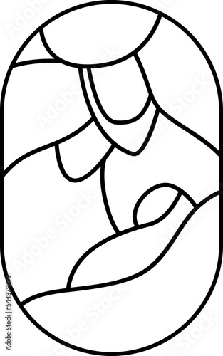 Vector Christmas Christian religious Nativity Scene of baby Jesus with Mary and Joseph in round. Logo icon illustration sketch. Doodle hand drawn with black lines
