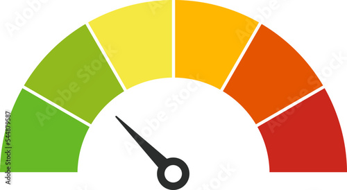 Vector speedometer meter with arrow for dashboard with green, yellow, orange and red indicators. Gauge of tachometer. Low, medium, high and risk levels. Bitcoin fear and greed index cryptocurrency