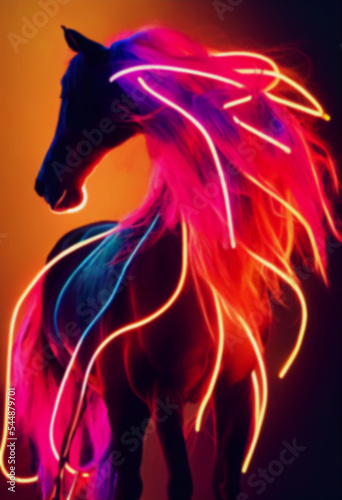 Stylish portrait of a horse in neon light. The horse runs illuminated by blue and red lights. Hand-painted animal oil painting for interior decoration. 
