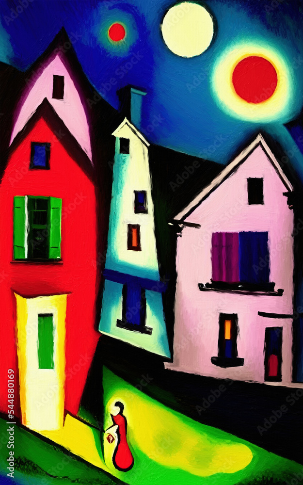 Colorful vintage old houses at night digital painting art