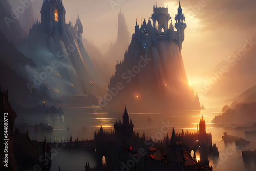 Obraz na plátne Gothic fantasy city with cathedrals, churches, towers, houses and knights, wizar