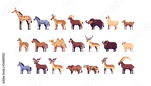Different cattle breeds pixel art set. Horses, deer and livestock collection. 8 bit. Game development, mobile app.  Isolated vector illustration.