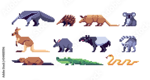 Exotic animals pixel art set. Australian fauna collection. 8 bit. Game development, mobile app.  Isolated vector illustration.