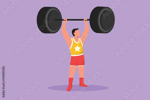 Graphic flat design drawing of bodybuilder raised barbell or dumbbell with his two hands. Healthy strongman with muscle performance. Circus show event entertainment. Cartoon style vector illustration