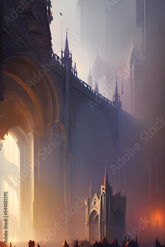 Fotografering Gothic fantasy city with cathedrals, churches, towers, houses and knights, wizar