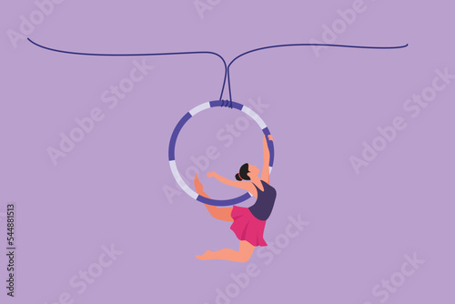 Graphic flat design drawing female acrobat performs on aerial hoop while dancing and has one arm and both legs stretched backwards. Circus show event entertainment. Cartoon style vector illustration