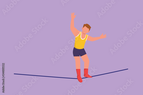Graphic flat design drawing male acrobat walking on rope while dancing and raising his hand. Attraction requires courage and agility. Circus show event entertainment. Cartoon style vector illustration