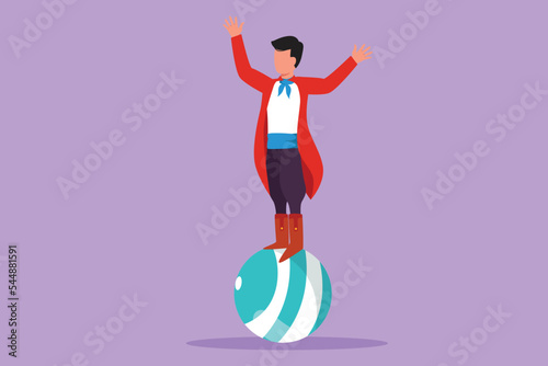 Cartoon flat style drawing of male acrobat performs standing on ball while performing dance. Interesting performance for audience. Circus show event entertainment. Graphic design vector illustration