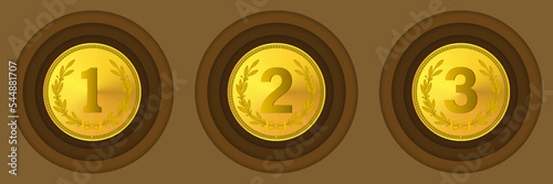 Vector set of gold medals with numbers 1, 2 and 3, semicircular wreaths and dots. Round icons or coins photo