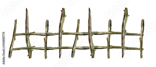 Fence from old dry branches watercolor illustration. Template for decorating designs and illustrations.