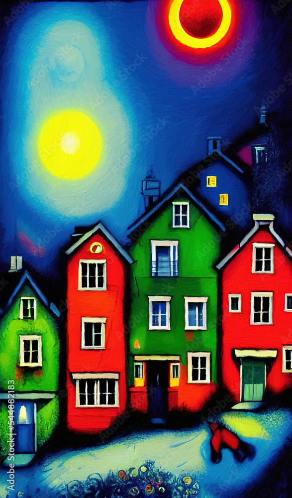 Digital painted cute houses at night in style of naive, cubism, modern contemporary art. Colorful catoon houses illustration, print for canvas, paper, poster, other design works. Digital painted cute houses at night in style of naive, cubism, modern contemporary art. Colorful catoon houses illustration, print for canvas, paper, poster, other design works.