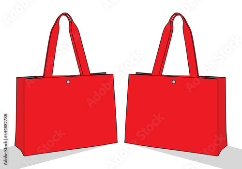 Red tote bag with snap button template on white background, vector file
