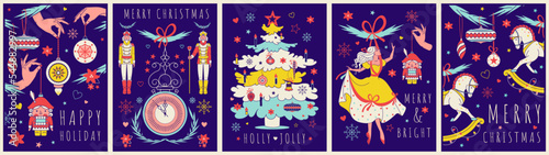 Vintage Christmas posters with fir tree decorations and Merry Christmas greeting. Cozy graphic Noel toys hanging on strings. Retro Xmas time print, vector postcard.Traditional New year accessories.