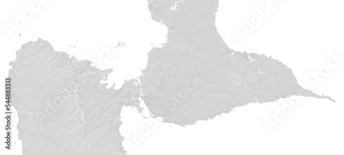 White and grey horizontal map of Guadeloupe, Caribbean islands. Archipelago and overseas department and region of France. Urban area cityscape.
