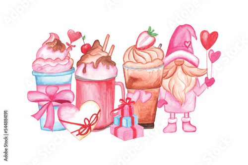 Valentine’s Day watercolor coffee and cocktail sublimation, Valentine's coffee drink clipart