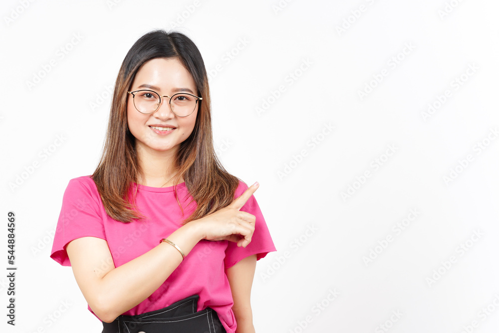 Showing Product and Pointing Side Of Beautiful Asian Woman Isolated On White Background Showing Product and Pointing Side Of Beautiful Asian Woman Isolated On White Background