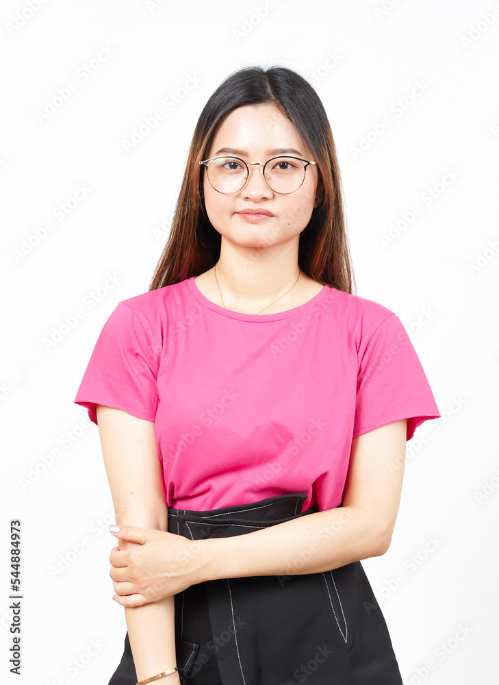 Standing and looking at camera with serious face Of Beautiful Asian Woman Isolated On White Standing and looking at camera with serious face Of Beautiful Asian Woman Isolated On White