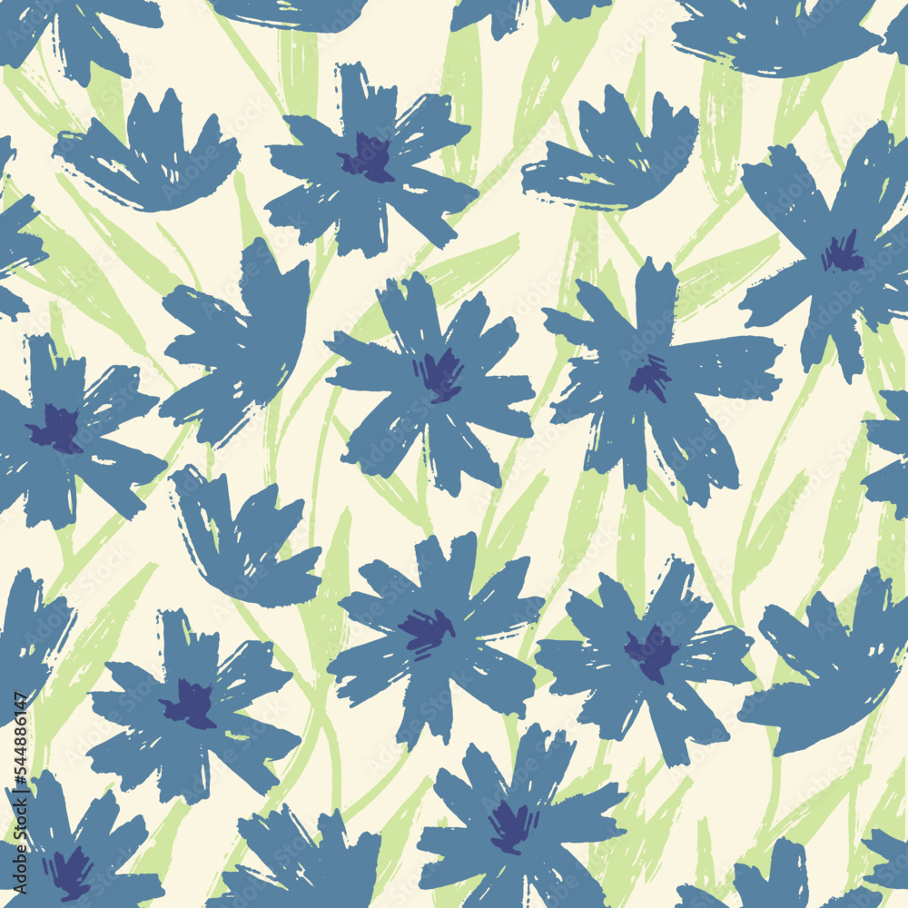 Blue flowers with green leaves brush textured on light background. Floral seamless pattern for fabric cover background. vector graphic